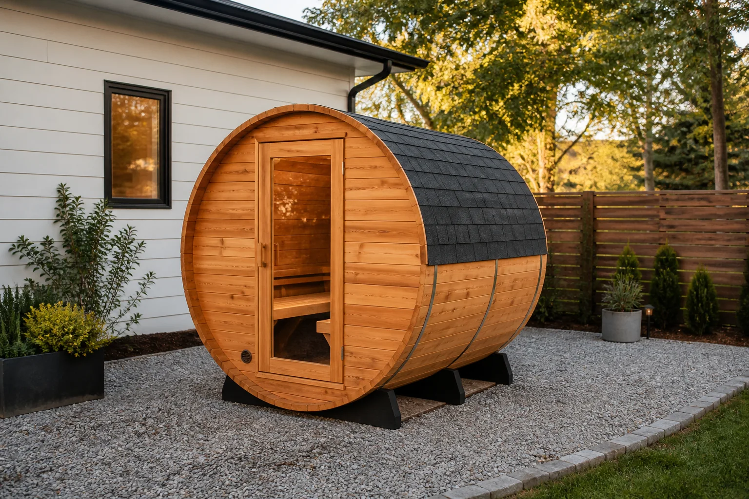 Representative outdoor barrel sauna on a gravel base