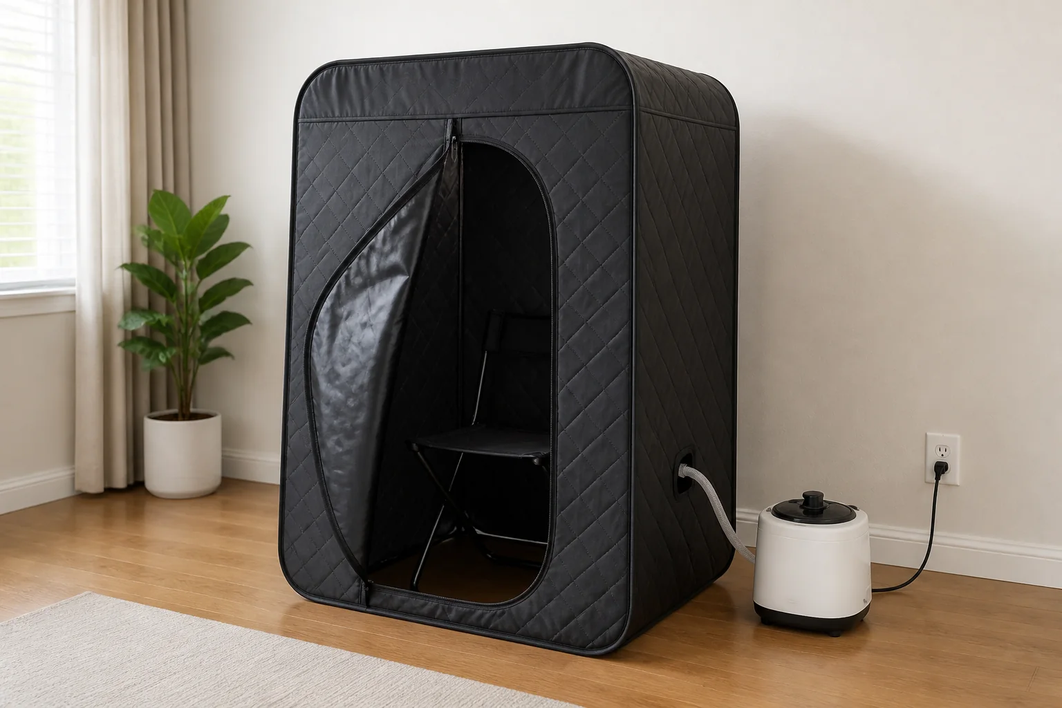 Representative portable steam sauna tent with steamer
