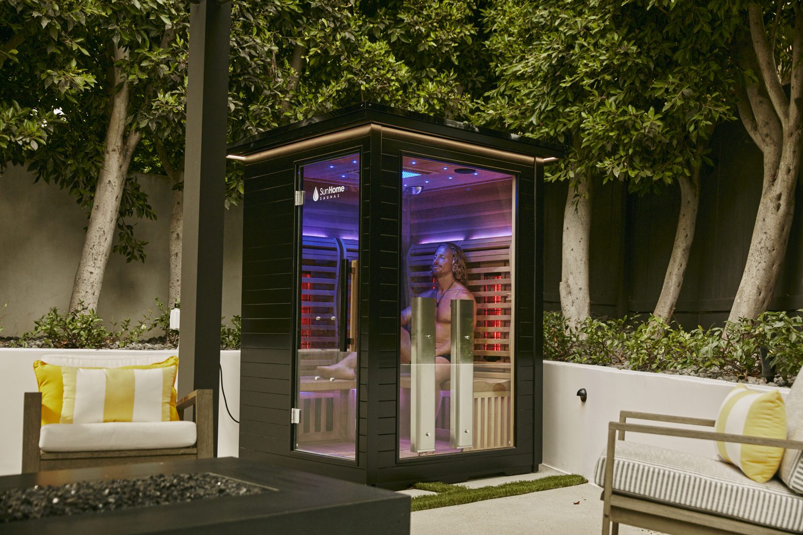 Sun Home Luminar 2-Person Outdoor Infrared sauna in a backyard
